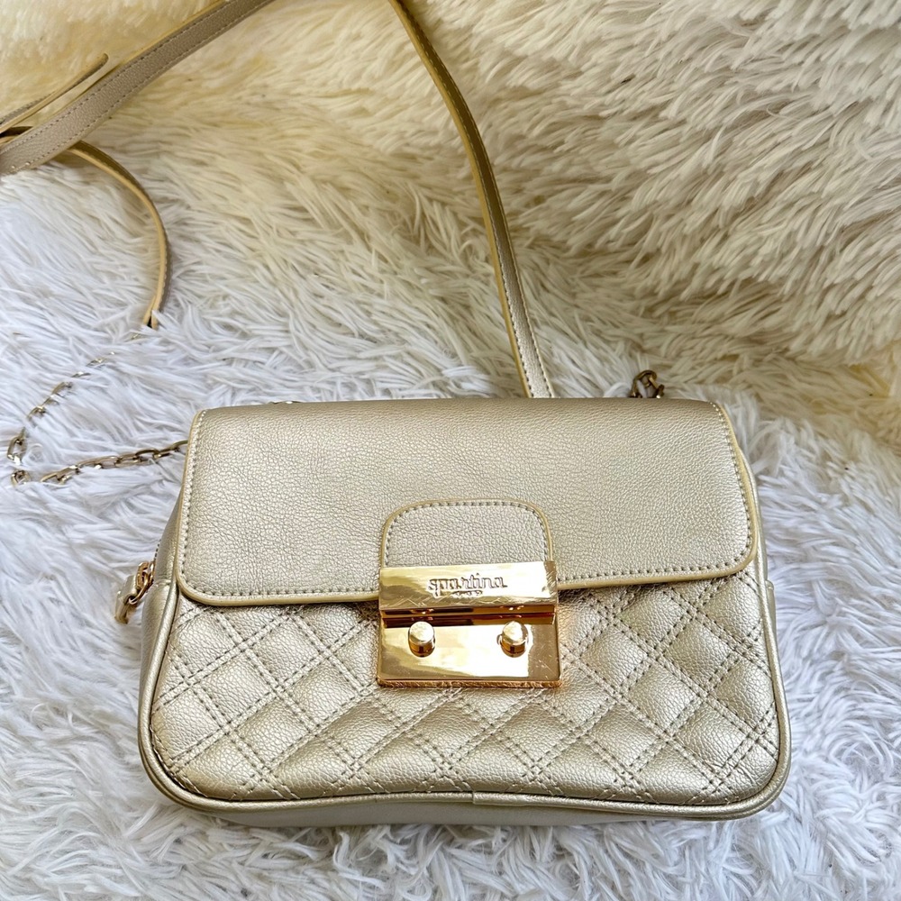 Spartina 449 Hipster Cross Body Bag Chain Strap Gold Pebbled Leather Quilted